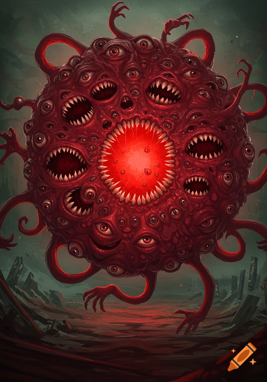 A red, circular, scary monster with many eyes and mouths covering its body, and multiple tentacle-like limbs ending in hands with eyes, stands in a desolate, dark landscape with broken structures.