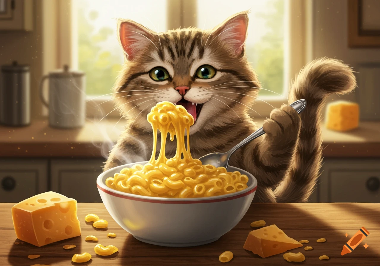 A cartoonish brown tabby cat eagerly eating a bowl of macaroni and cheese with a spoon, with cheese blocks on the wooden table.