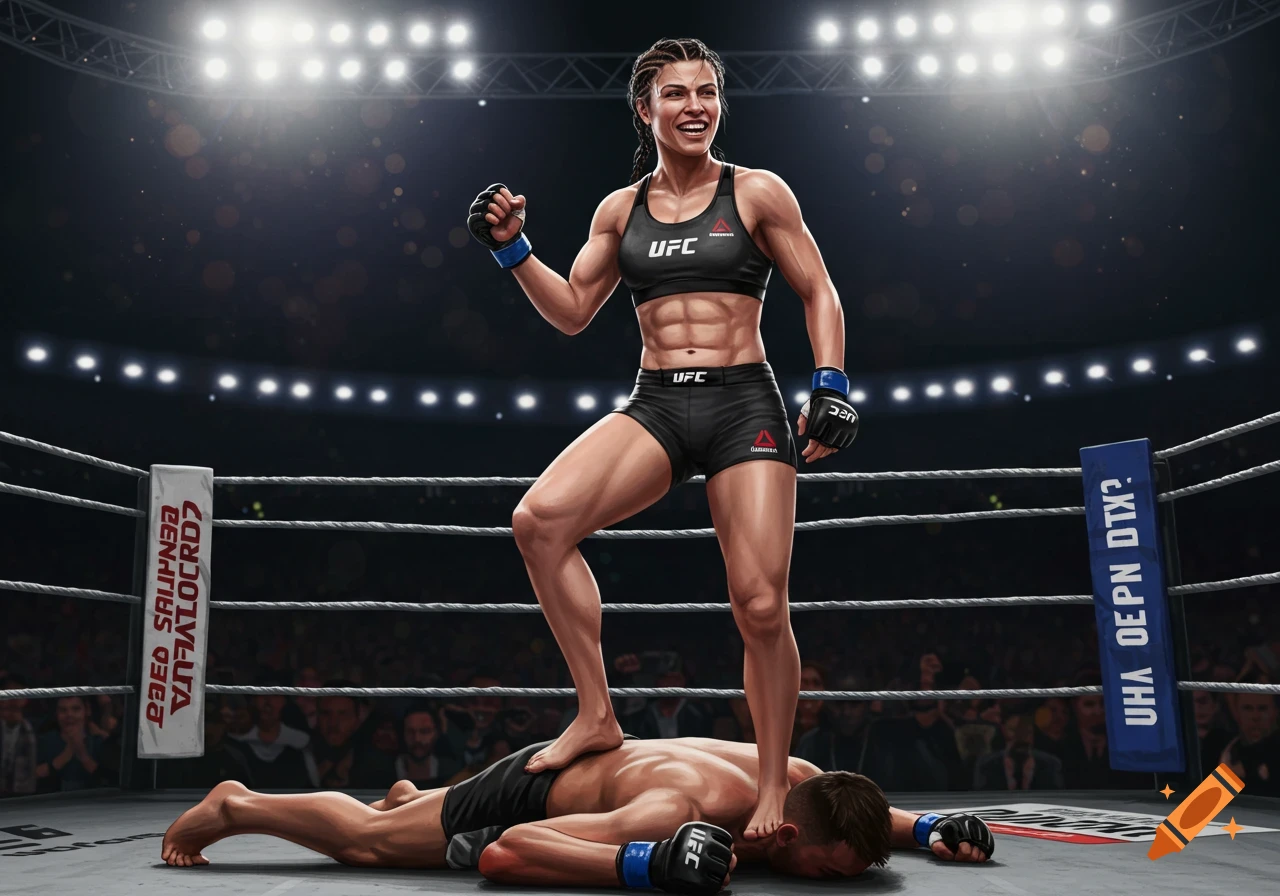 Female MMA fighter victoriously stands on her male opponent in a boxing ring, smiling and flexing her muscles. Digital art.
