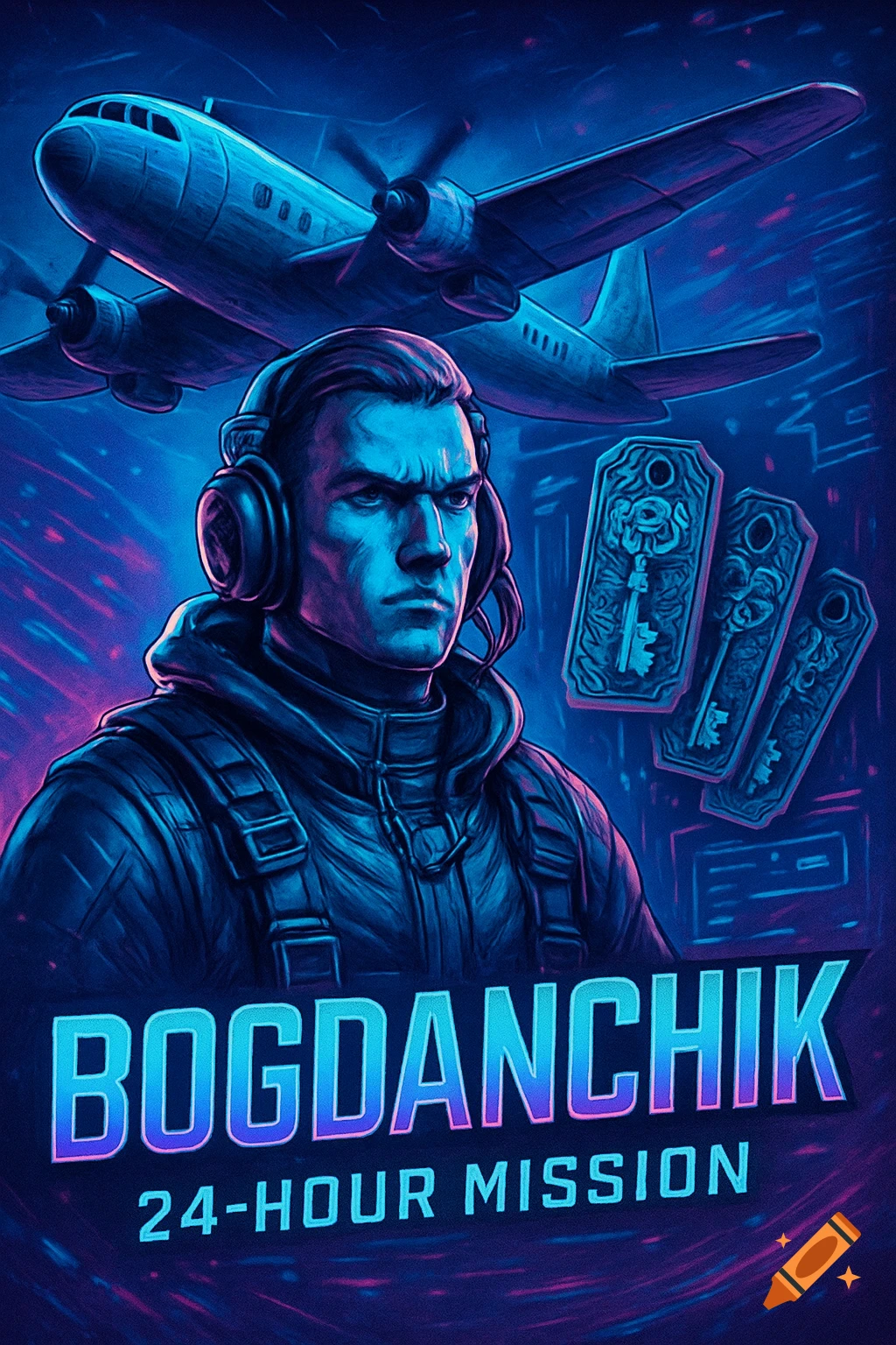An intense man with headphones, an airplane, and floating keycards in a neon blue and purple gaming poster style with text.