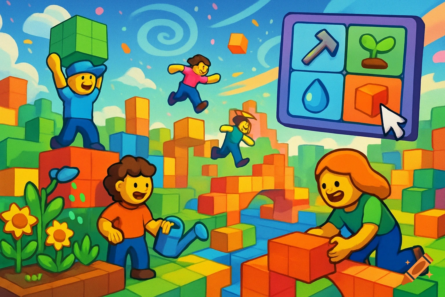 A colorful cartoon scene of block-like characters building with blocks in a vibrant block world, with a game interface.