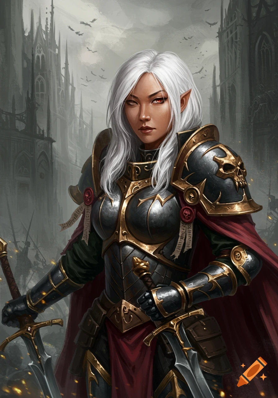 A white-haired female warrior with red eyes in ornate dark and gold armor, holding two swords, stands before a grim Gothic cityscape.