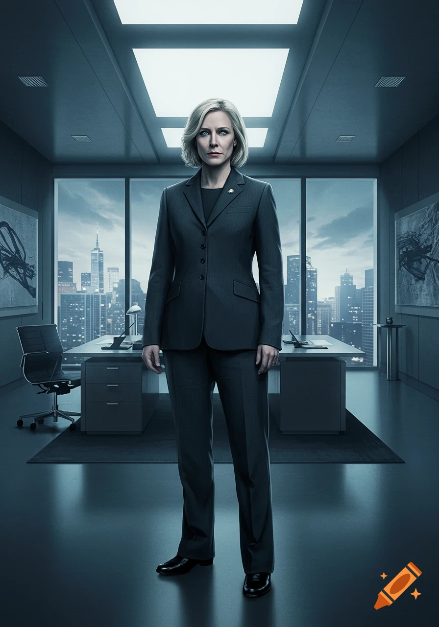 A woman in a dark suit stands in a modern office with a city skyline visible through large windows in a photorealistic style.