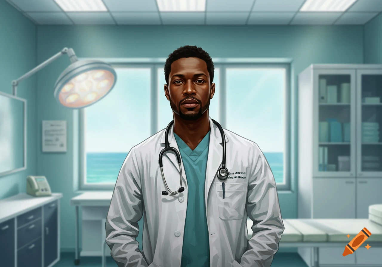 An illustrated portrait of a Black doctor in a white lab coat and scrubs, standing in a medical examination room.