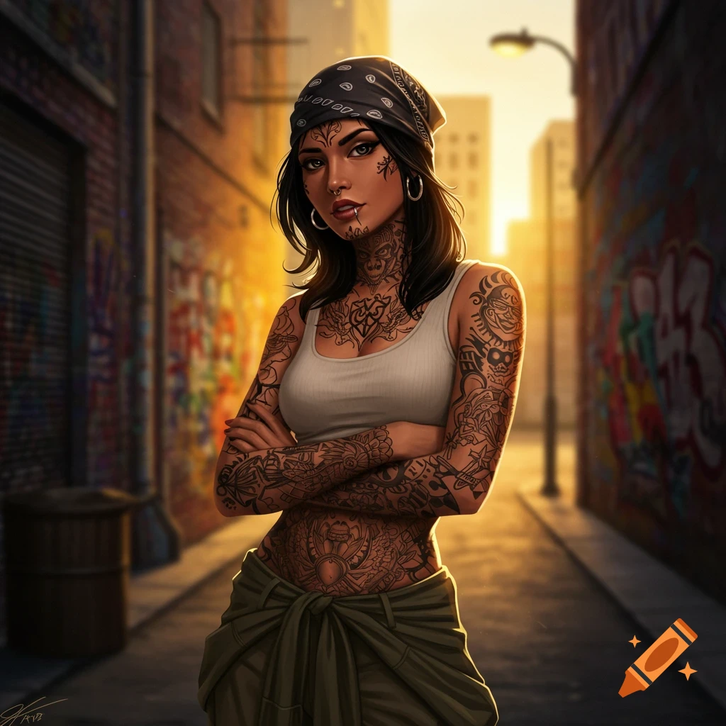 An artistic illustration of a heavily tattooed woman wearing a bandana and tank top, standing in an urban alley at sunset.