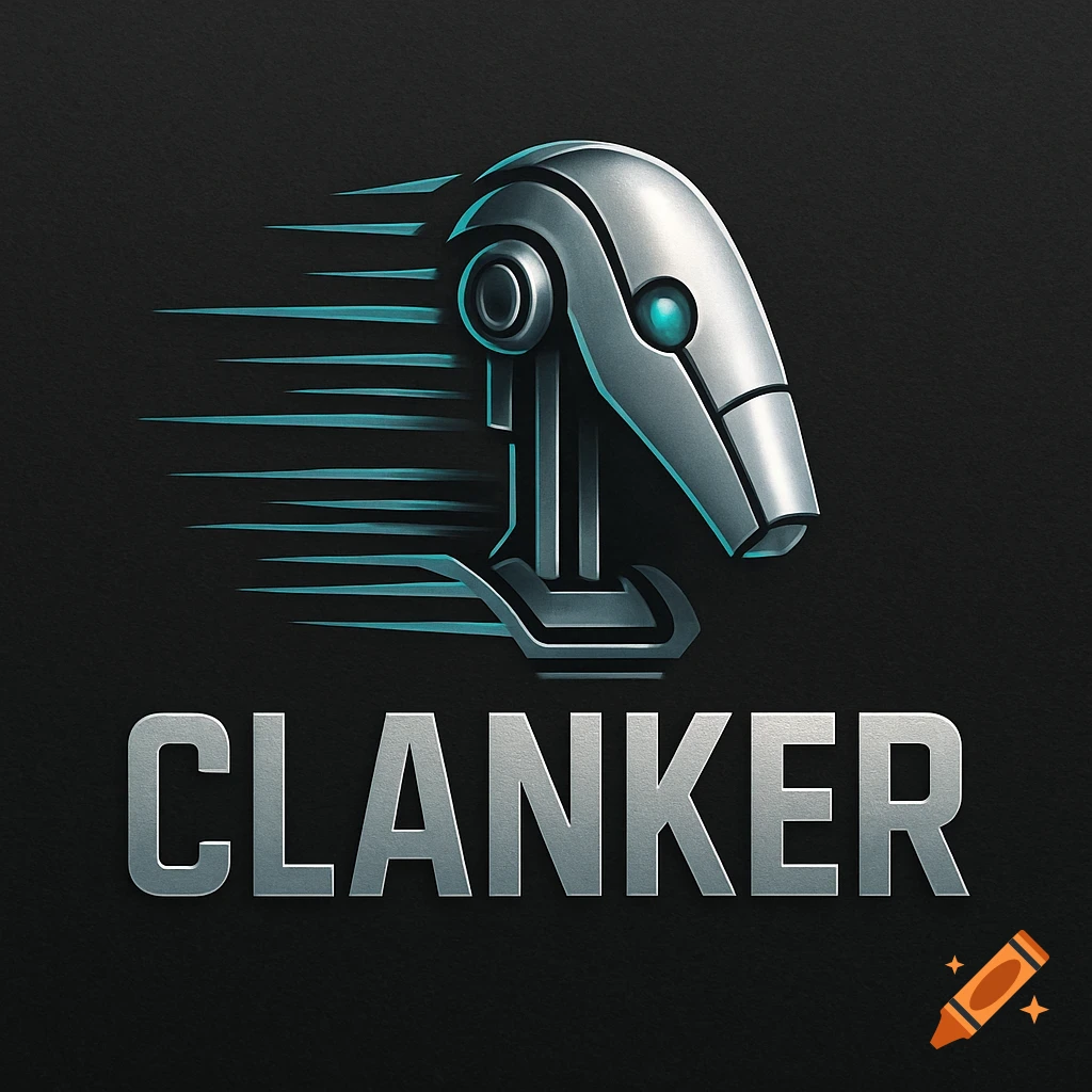 A metallic, futuristic robot head logo with blue speed lines on a dark background, with the word 'CLANKER' in metallic text below it.
