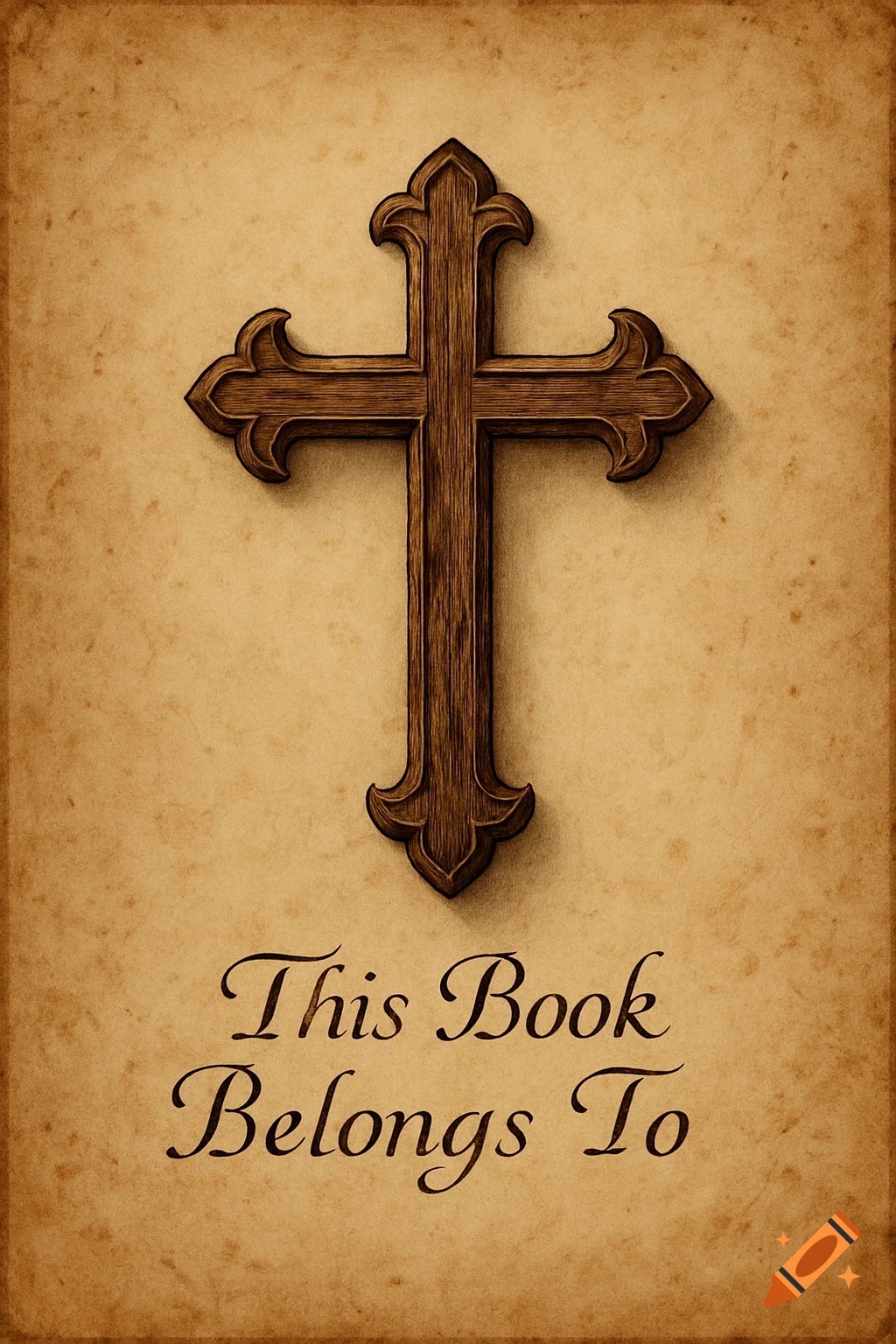 A wooden ornate cross on a vintage, aged paper background with the text 'This Book Belongs To' below it.