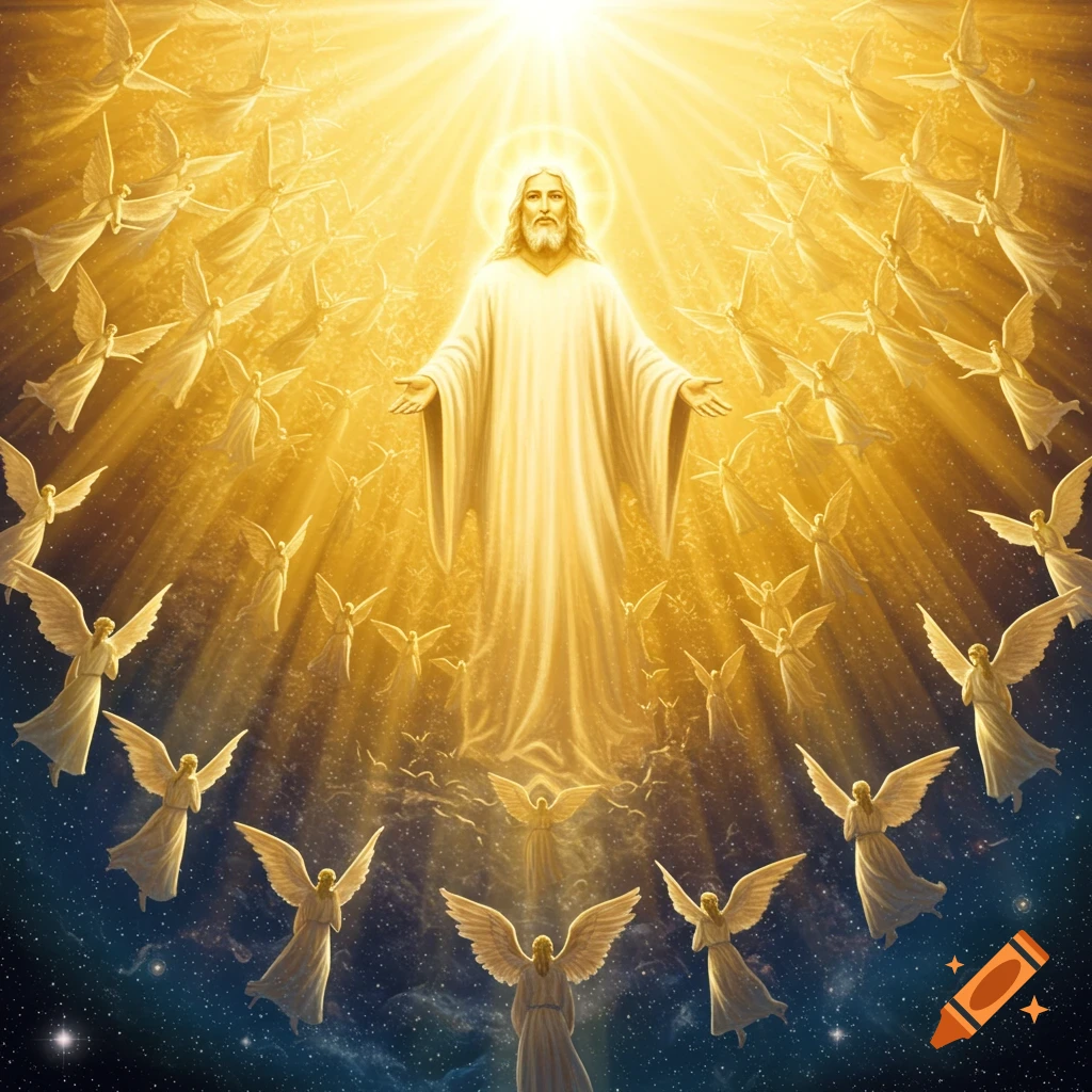 Jesus with open arms, surrounded by many angels bathed in bright golden light, against a starry sky.