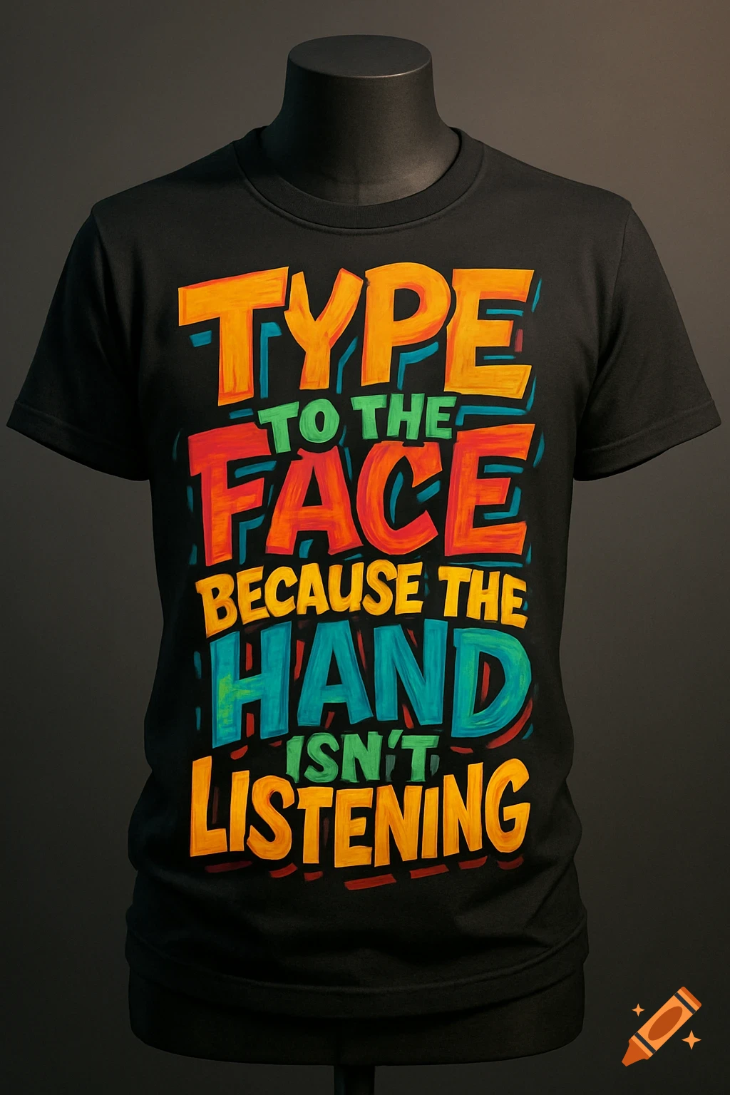 Black t-shirt on a mannequin with colorful text 'Type to the Face Because the Hand Isn't Listening' in a stylized font.