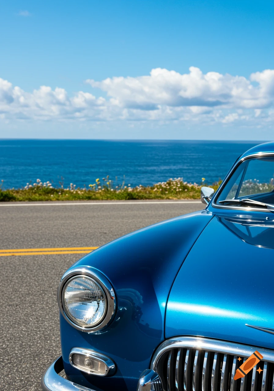 Close-up of a blue vintage car parked on a coastal road overlooking a vast blue ocean under a clear sky.