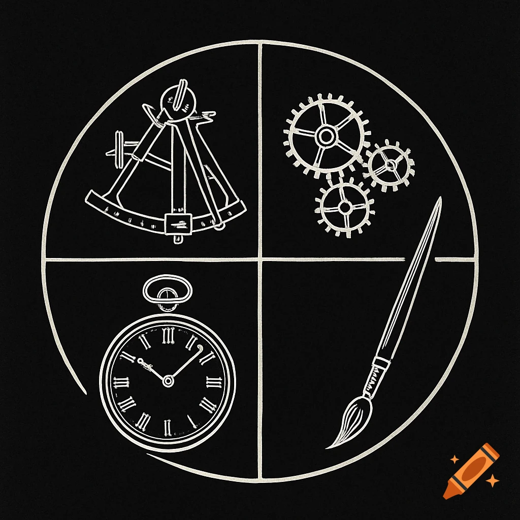 White line art illustration of a circle divided into four quadrants, showing a sextant, watch gears, a pocket watch, and an artist's brush on a black background.
