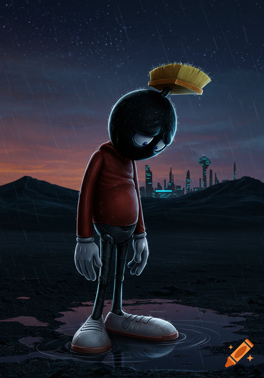 A depressed robot character, similar to Marvin the Martian, in a red hoodie and white gloves, stands in the rain with a futuristic city in the background.