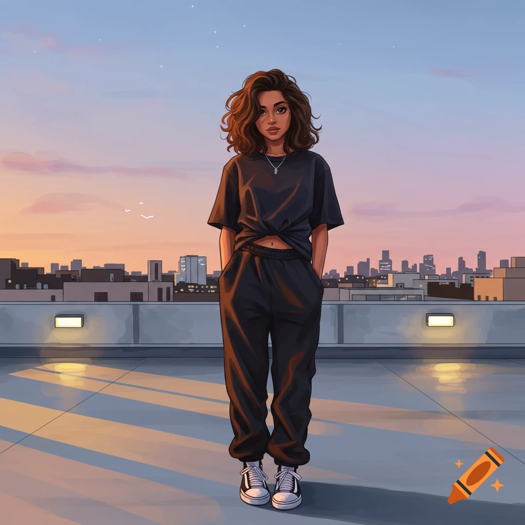An illustrated young woman with wavy brown hair in a dark t-shirt and sweatpants stands on a city rooftop at sunset.