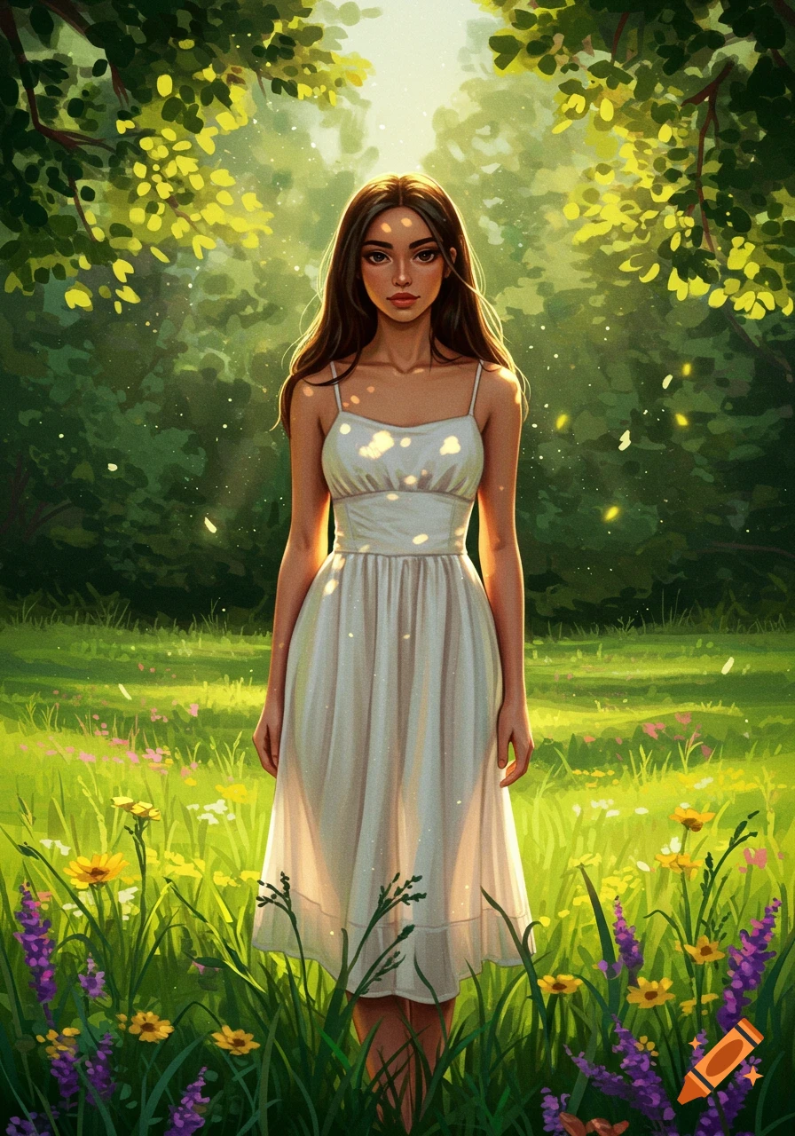 A young woman with long dark hair and a white dress stands in a vibrant, sunlit meadow with green trees and colorful wildflowers.