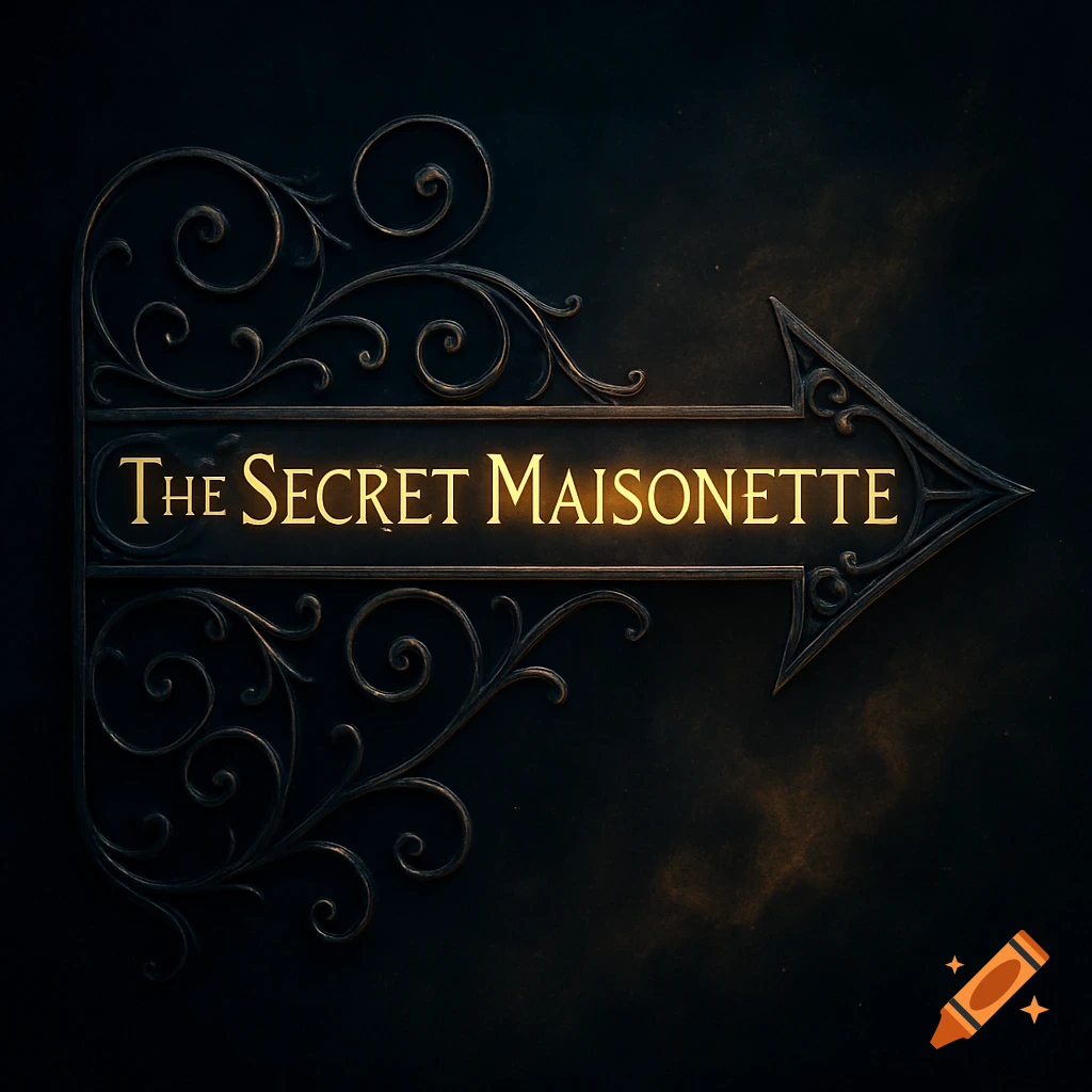 A dark, ornate metal arrow sign pointing right with glowing golden text 'The Secret Maisonette'.