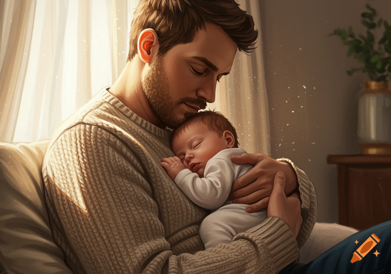 A man gently holds a sleeping baby, bathed in warm sunlight from a window, in a tender, photorealistic portrait.