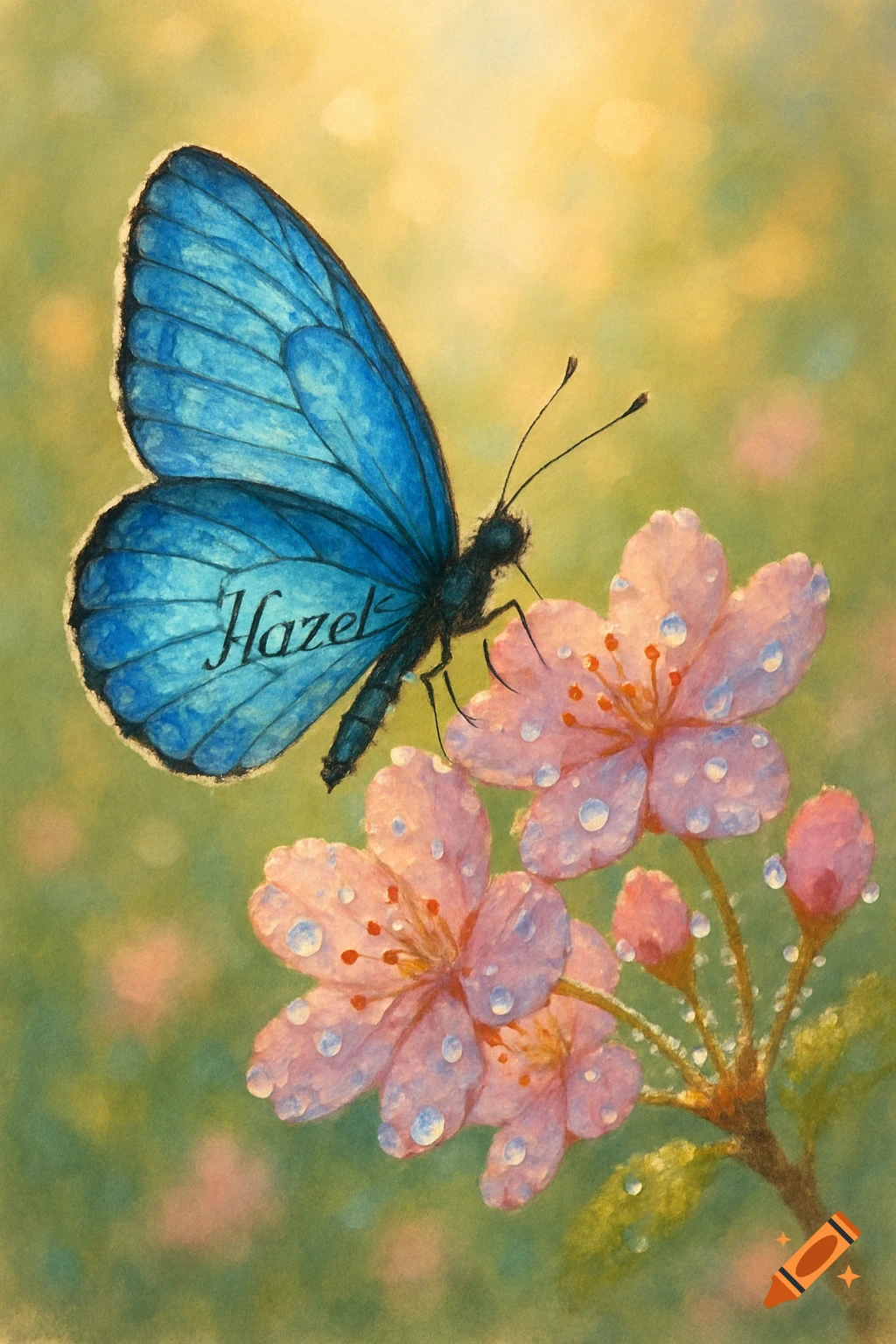 Blue butterfly with 'Hazel' on wing lands on pink flowers with water droplets, watercolor style.