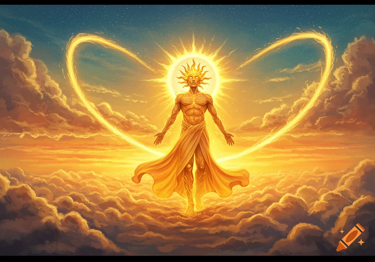 A powerful sun god with a radiant head and golden robe stands on luminous clouds, radiating light in a vibrant sky.