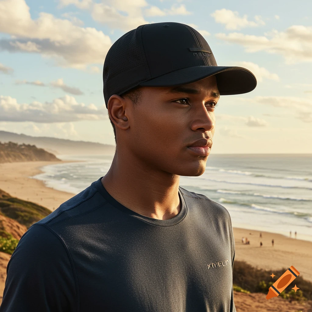 A man wearing a black baseball cap and a dark grey shirt looks out at a beach and ocean during sunset.