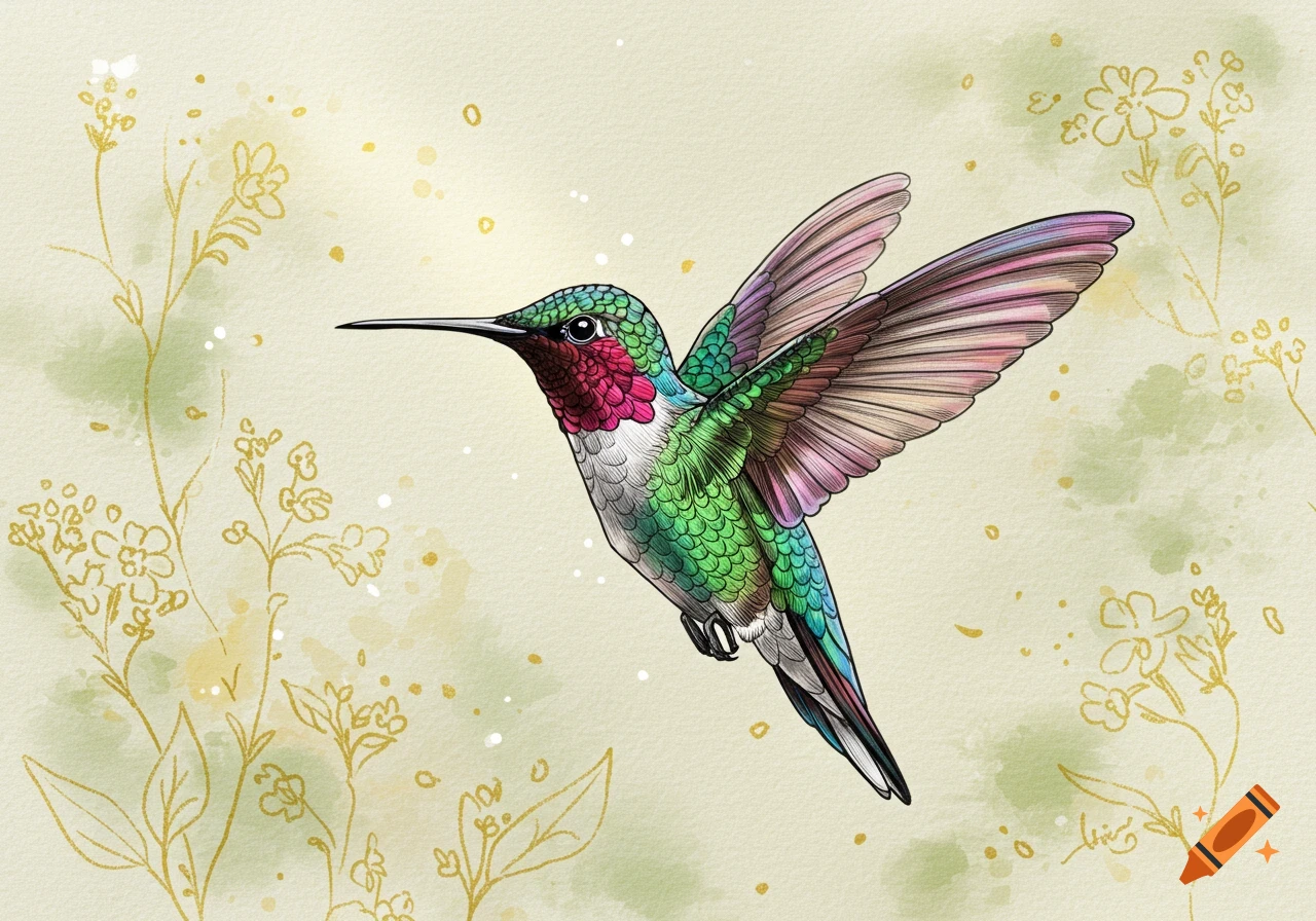 A colorful hummingbird with green and pink feathers hovers against a light background with abstract gold line flowers and speckles.