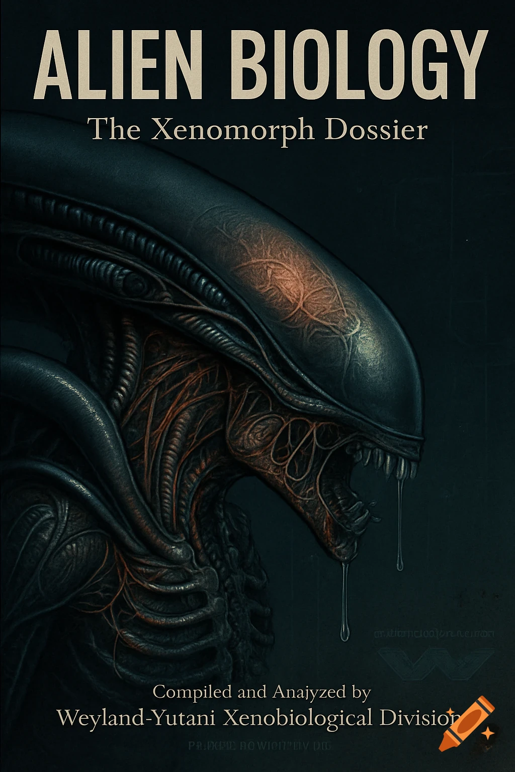 A book cover for 'Alien Biology: The Xenomorph Dossier' featuring a hyper-detailed, sleek profile of a Xenomorph's head, with visible internal structures and drool, against a dark background.