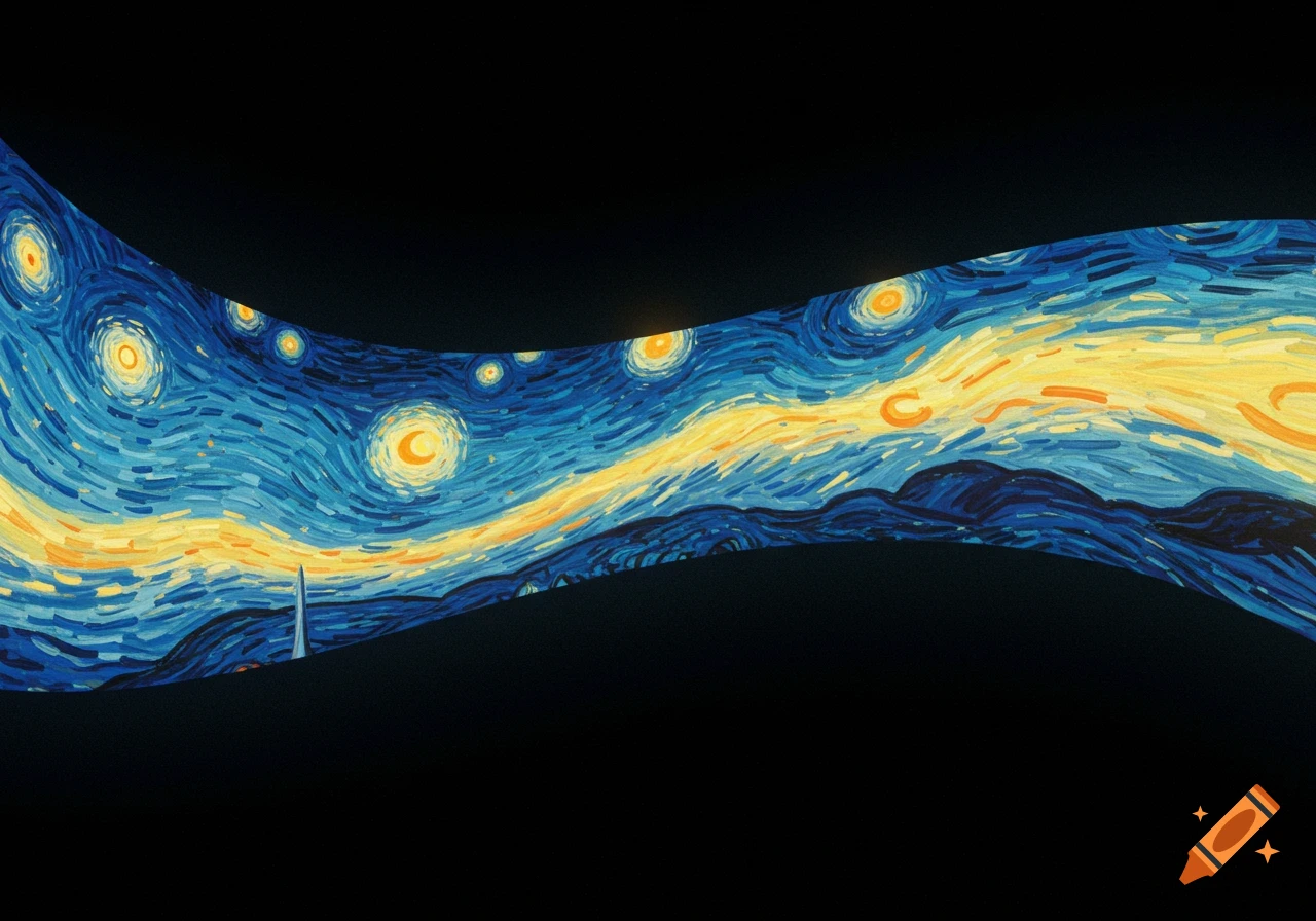 A wavy band of art in the style of Van Gogh's Starry Night, showing a swirling blue and yellow night sky with stars and dark hills.