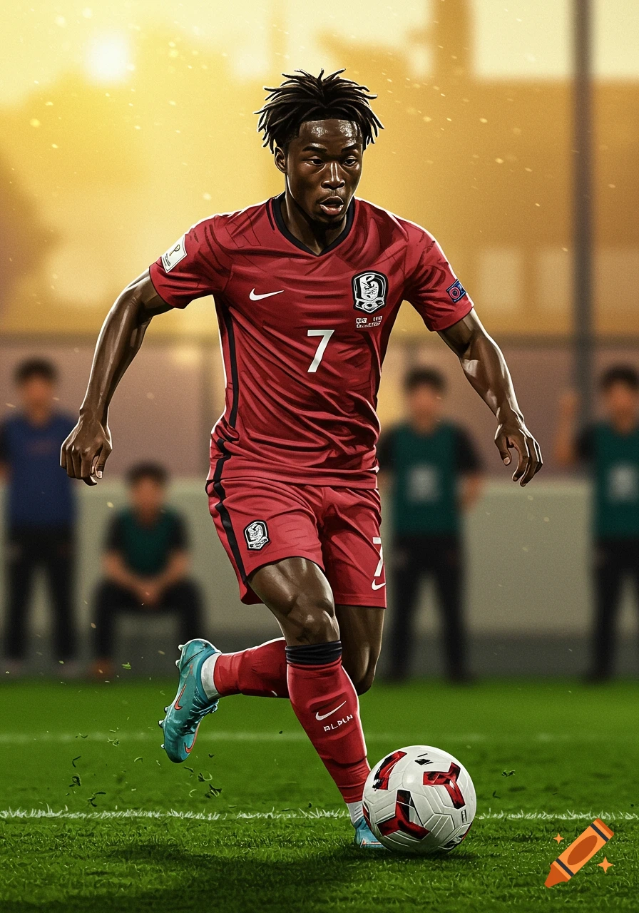 A dark-skinned male soccer player with dreadlocks in a red jersey, number 7, dribbles a ball on a green field during a game.