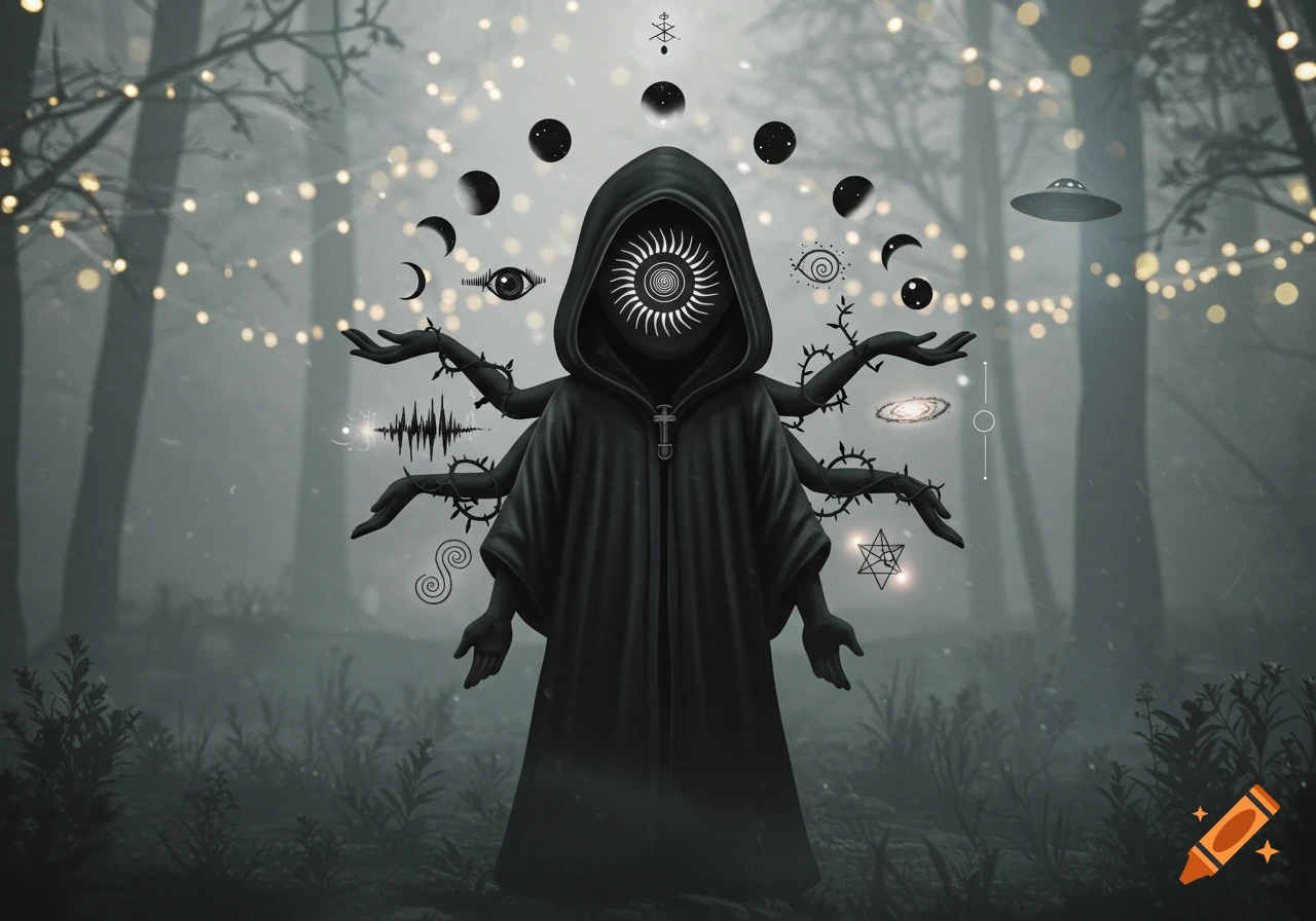 A hooded figure with a spiral face and many thorny arms stands in a misty forest, surrounded by mystical symbols, moon phases, and UFOs.