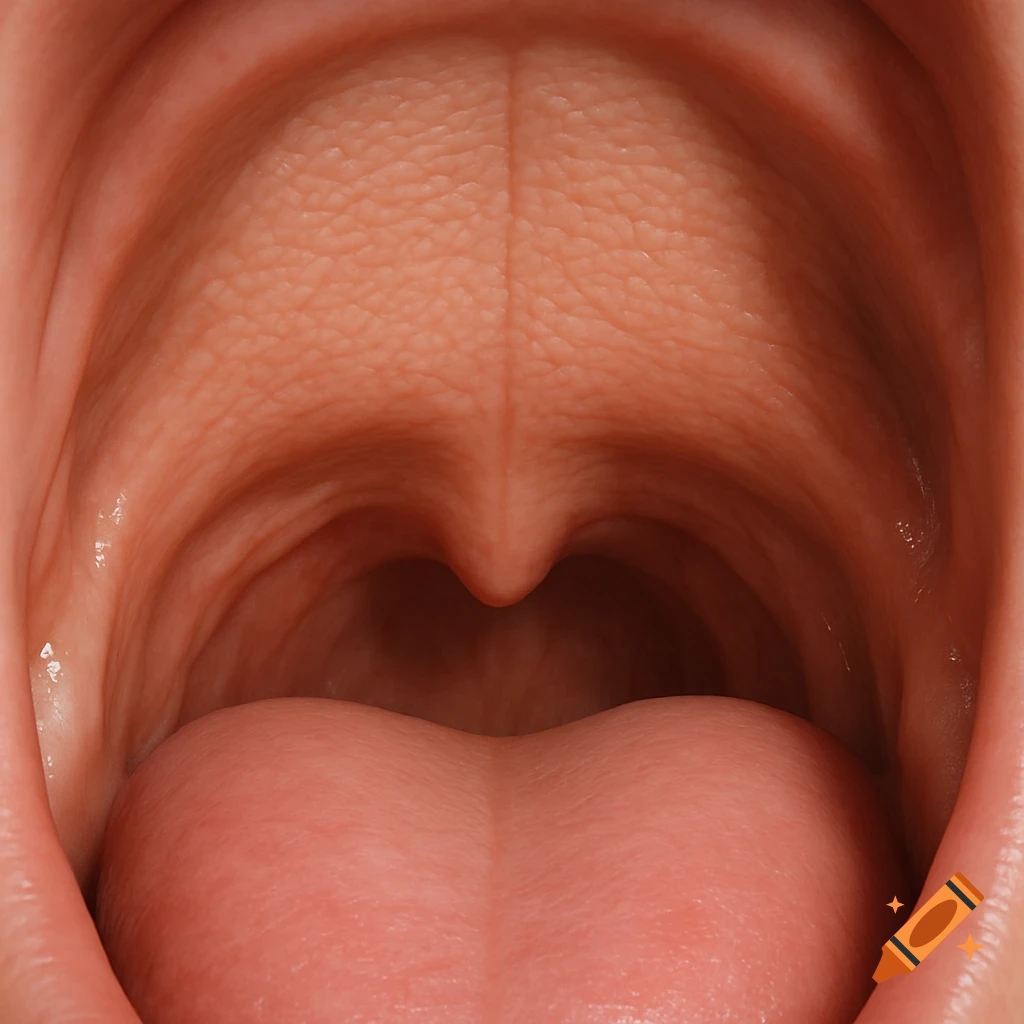 A detailed, close-up, photorealistic view looking inside an open human mouth, showing the tongue, uvula, and palate.