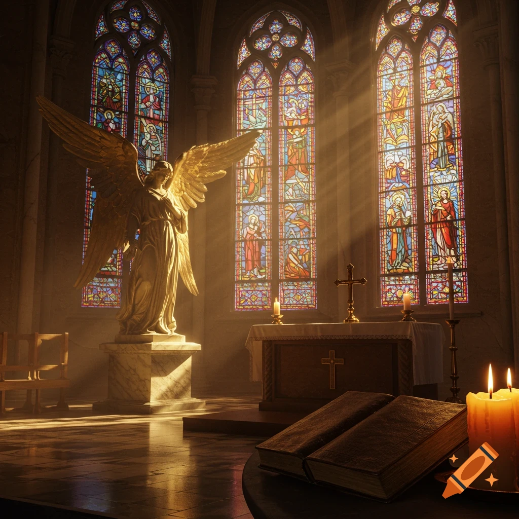 Photorealistic image of a golden angel statue bathed in sunlight within a grand church, featuring detailed stained glass windows, an altar, and religious books.