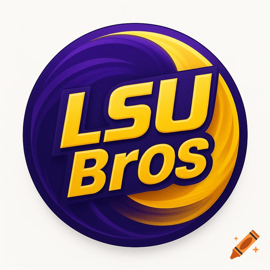 A circular logo with a purple background and yellow accents, featuring the text "LSU Bros" in bold, stylized yellow letters.