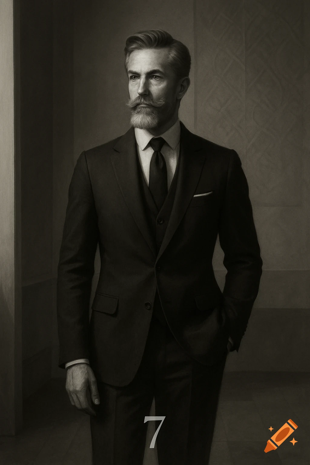 A formal portrait of a man with a well-groomed beard and mustache wearing a dark suit, with the number 7 at the bottom.
