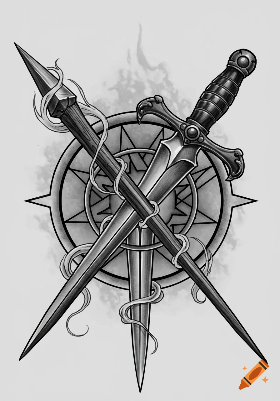 Stylized black and white tattoo design featuring a crossed stake and dagger over a circular compass-like symbol, with swirling smoke.