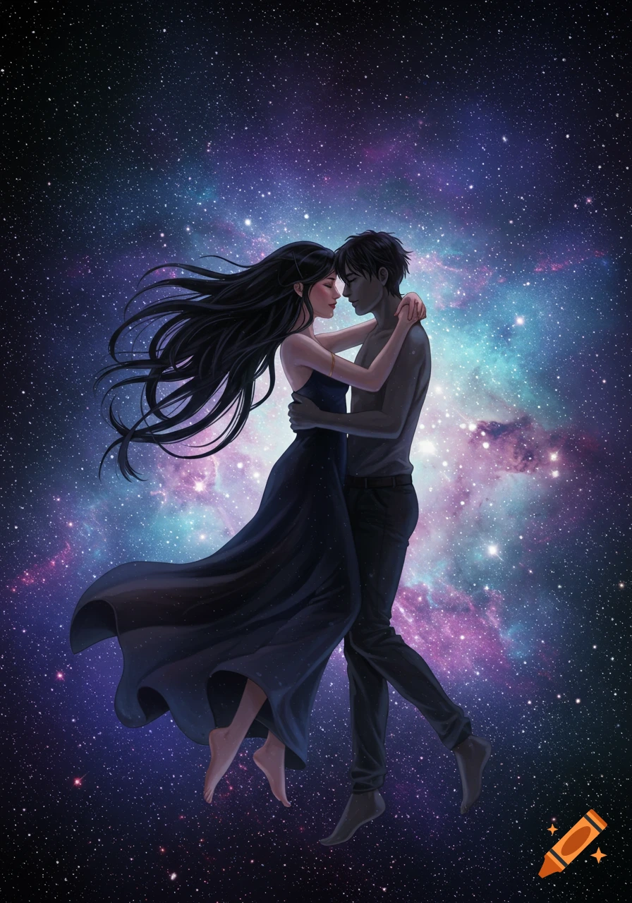 An illustrated image of a woman and a man in an embrace, floating among colorful stars in a bright universe.