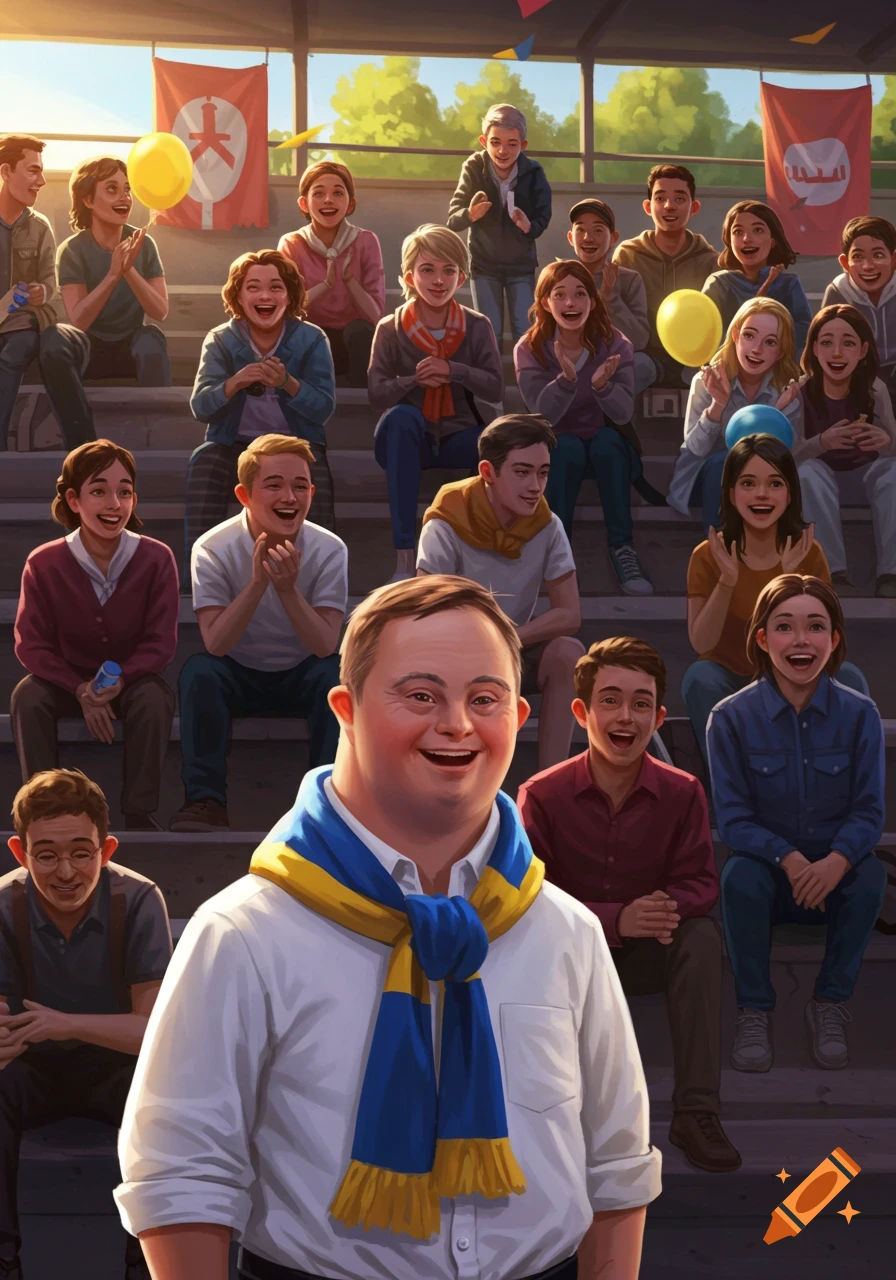 A smiling man with Down syndrome wearing a blue and yellow scarf stands in front of a cheering crowd seated in grandstands, with flags and balloons visible.