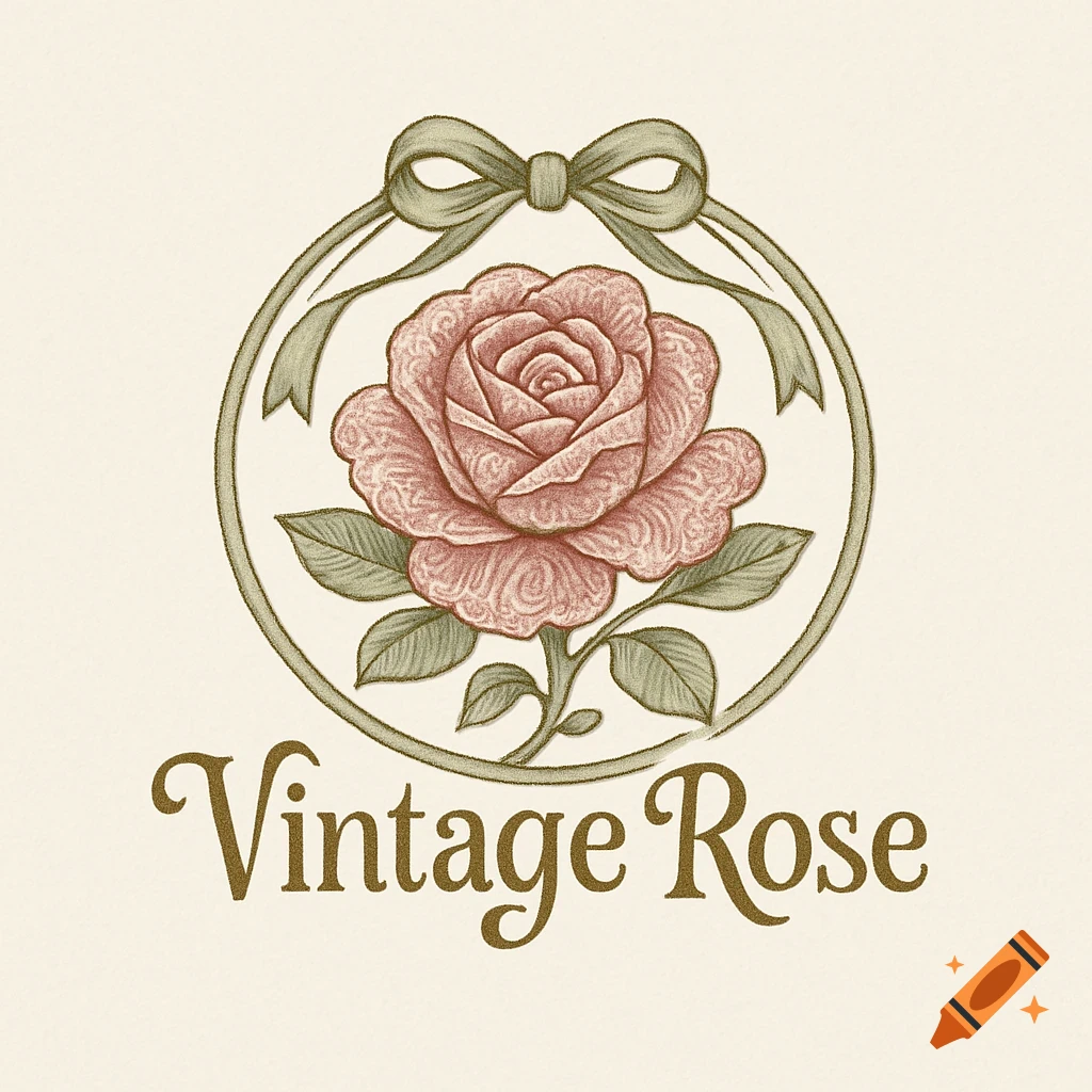 Vintage rose logo illustration in a green ribbon frame with 'Vintage Rose' text below.