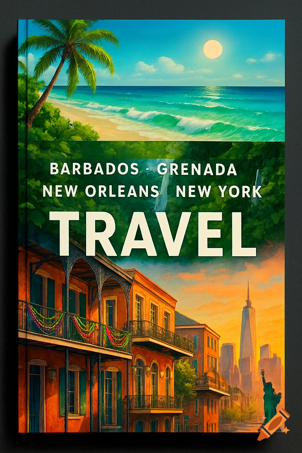 Illustrated travel book cover featuring a tropical beach, historic New Orleans architecture, and the New York City skyline with text that reads 'TRAVEL' and various destinations.