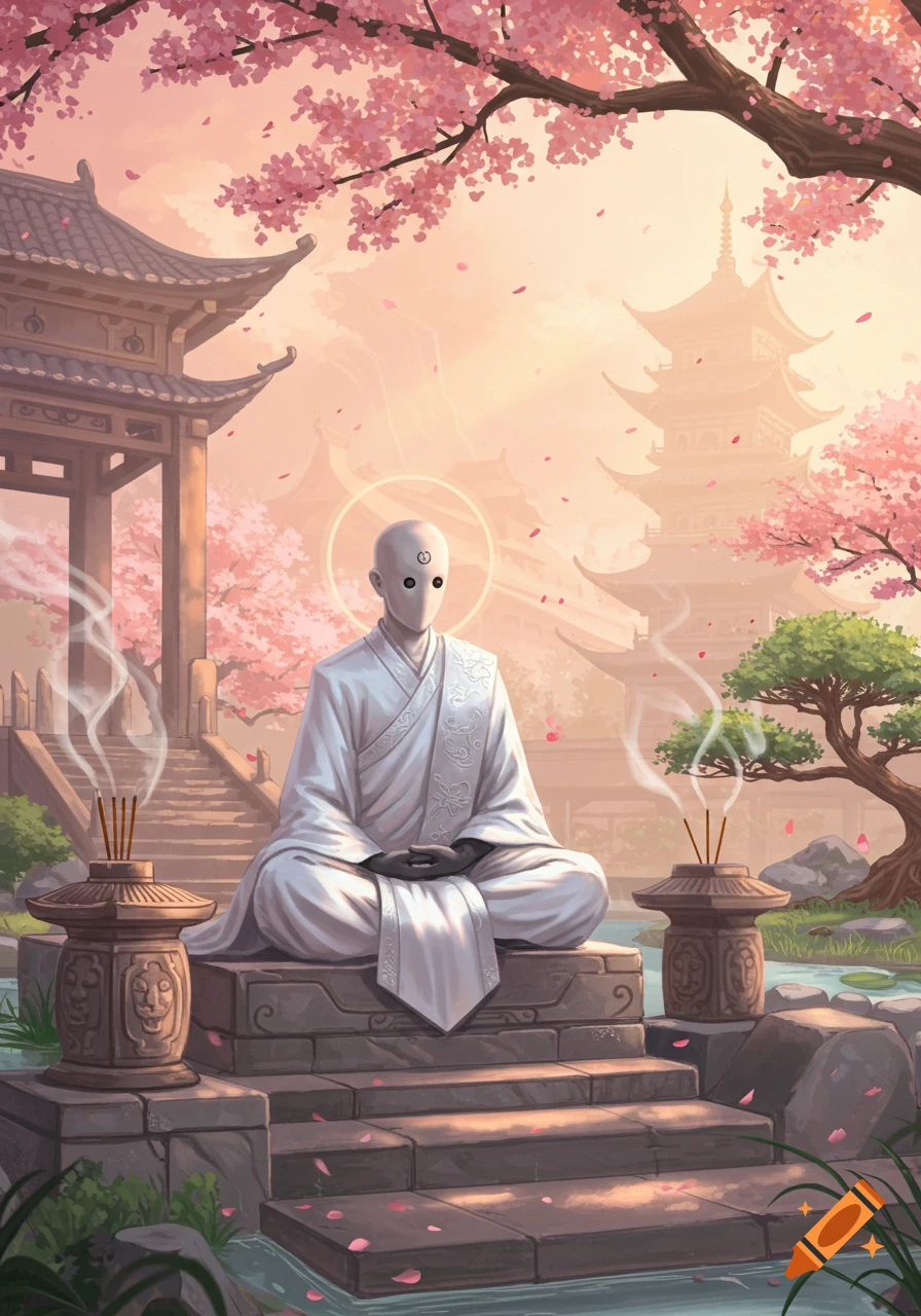 A masked monk meditates in a peaceful temple courtyard with pink cherry blossoms, pagodas, and smoking incense, in a fantasy illustration style.