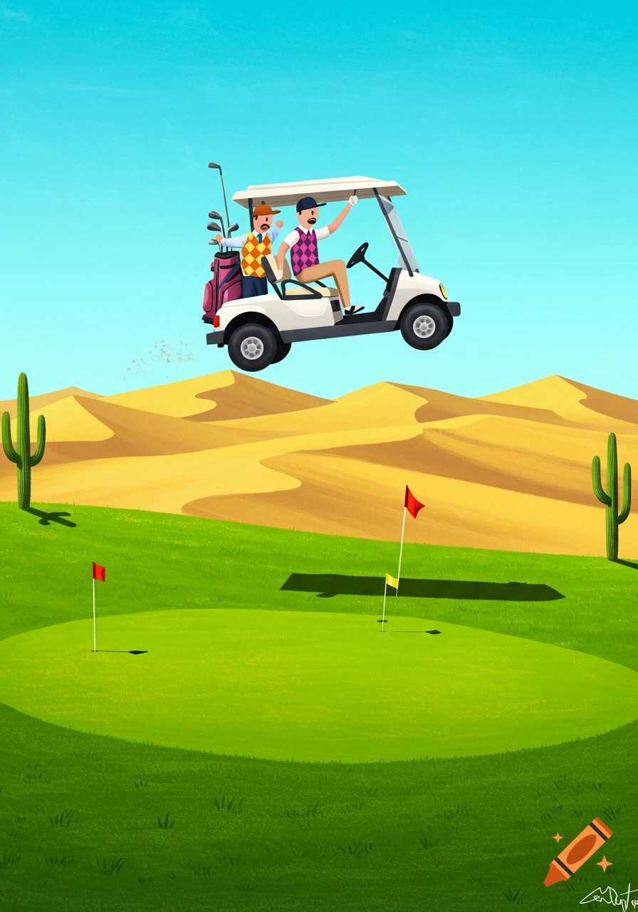 Two cartoon men in a golf cart airborne over sand dunes, with a green golf course and cacti below.