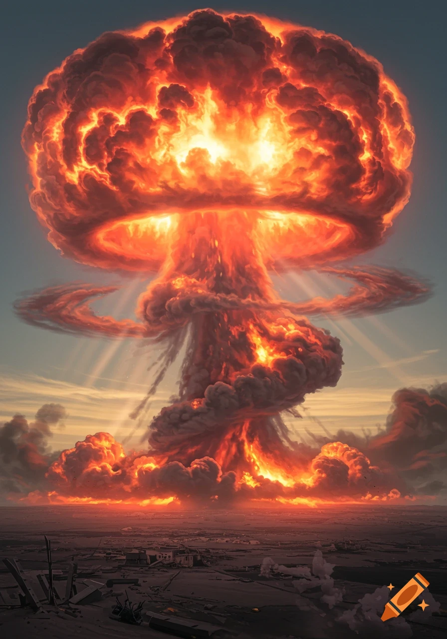 A massive, fiery orange and red mushroom cloud rises dramatically over a desolate, destroyed landscape with a light blue sky.