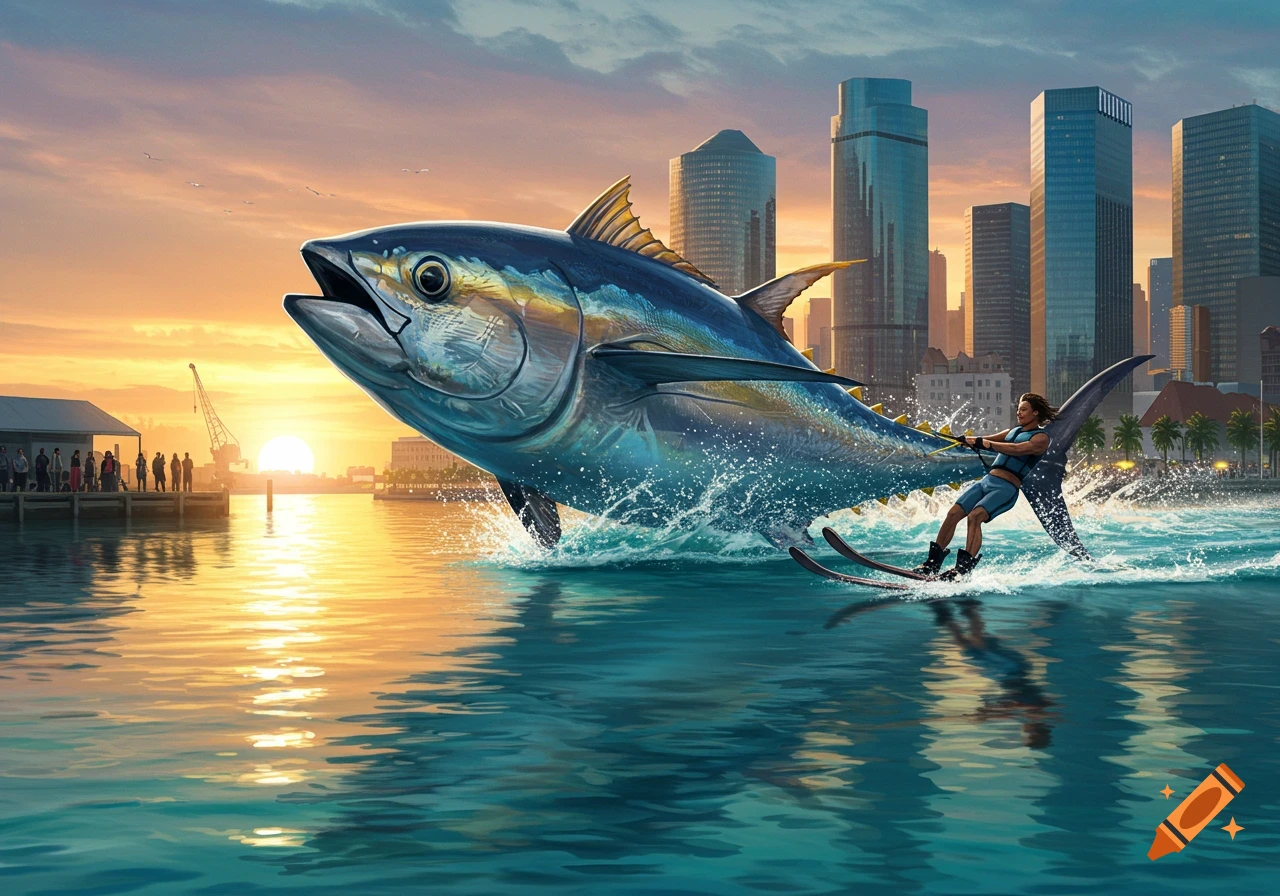 A person waterskiing, pulled by a giant tuna, in an urban harbor at sunset.