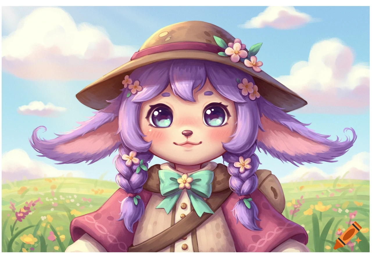 A cute purple-haired, long-eared character in a brown hat adorned with pink flowers and a green bow, standing in a field of wildflowers under a cloudy sky in a whimsical cartoon style.