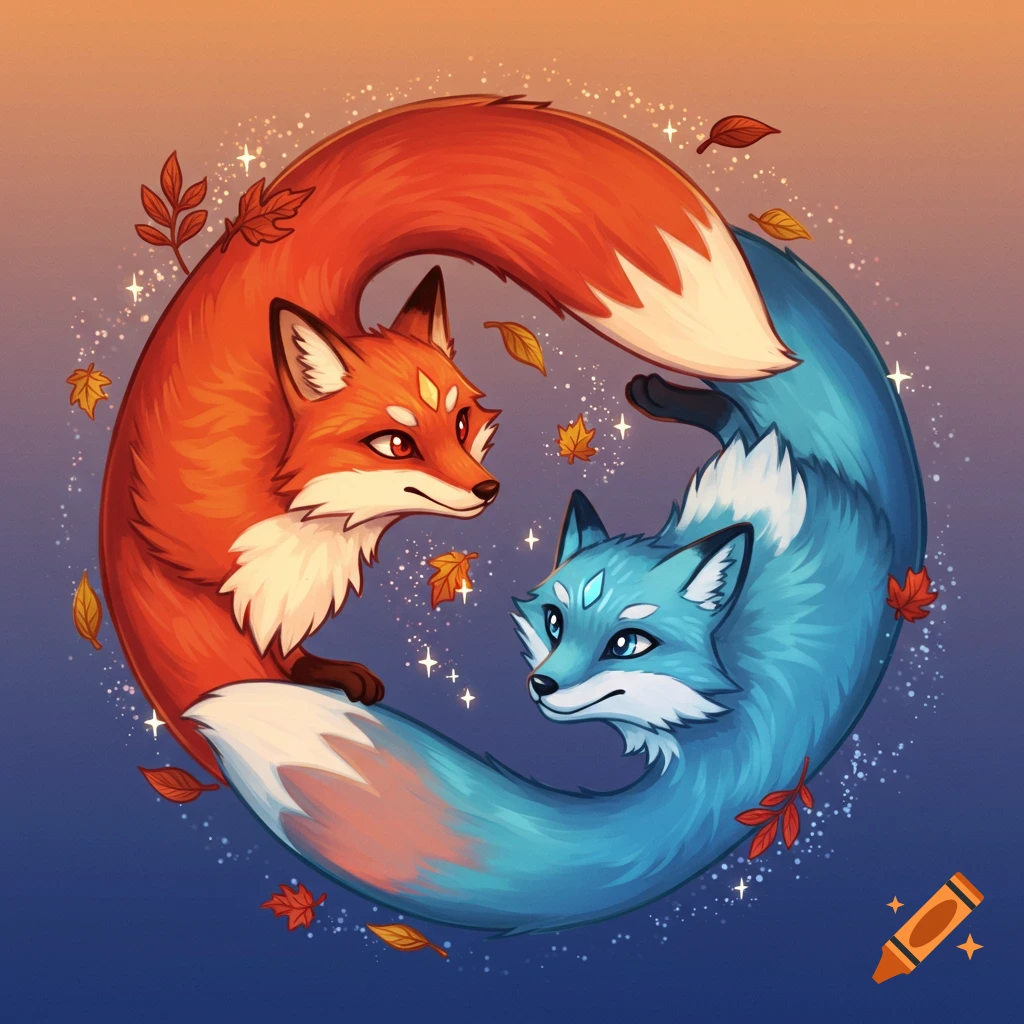 Two stylized cartoon foxes, one red and one blue, entwined in a circular shape like a yin-yang, surrounded by sparkling dust and autumn leaves.
