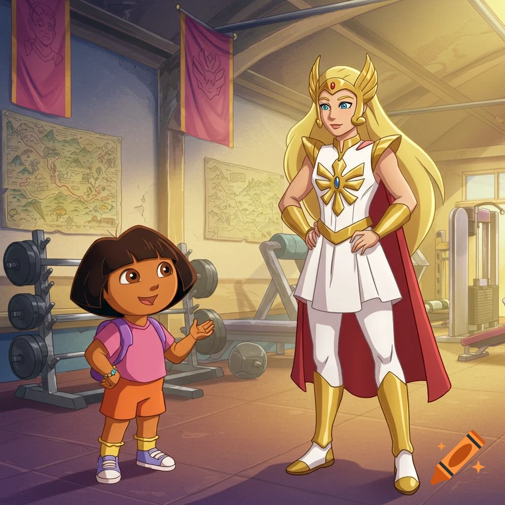 Cartoon of Dora the Explorer and She-Ra in a gym. Dora looks up at She-Ra, who stands confidently.