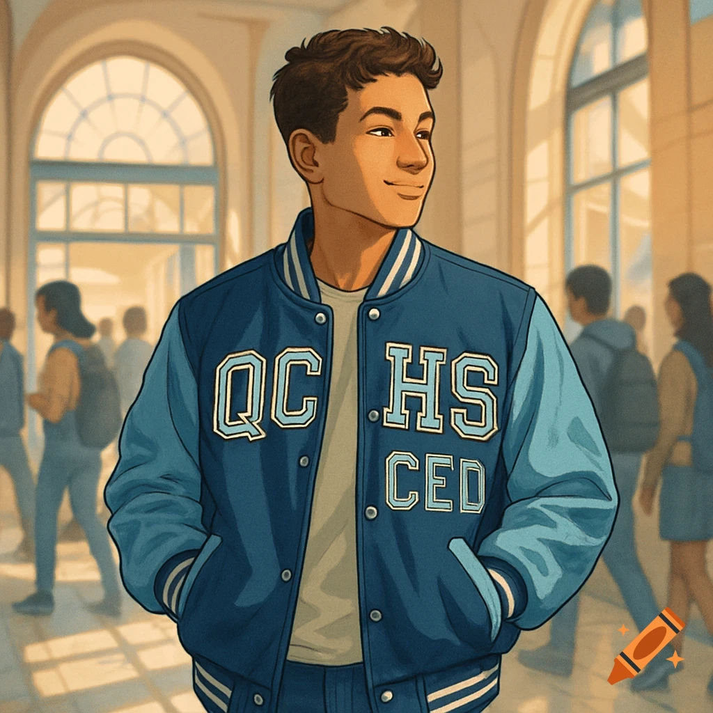 A male high school student in a blue letterman jacket stands in a sunlit school hallway, looking right.