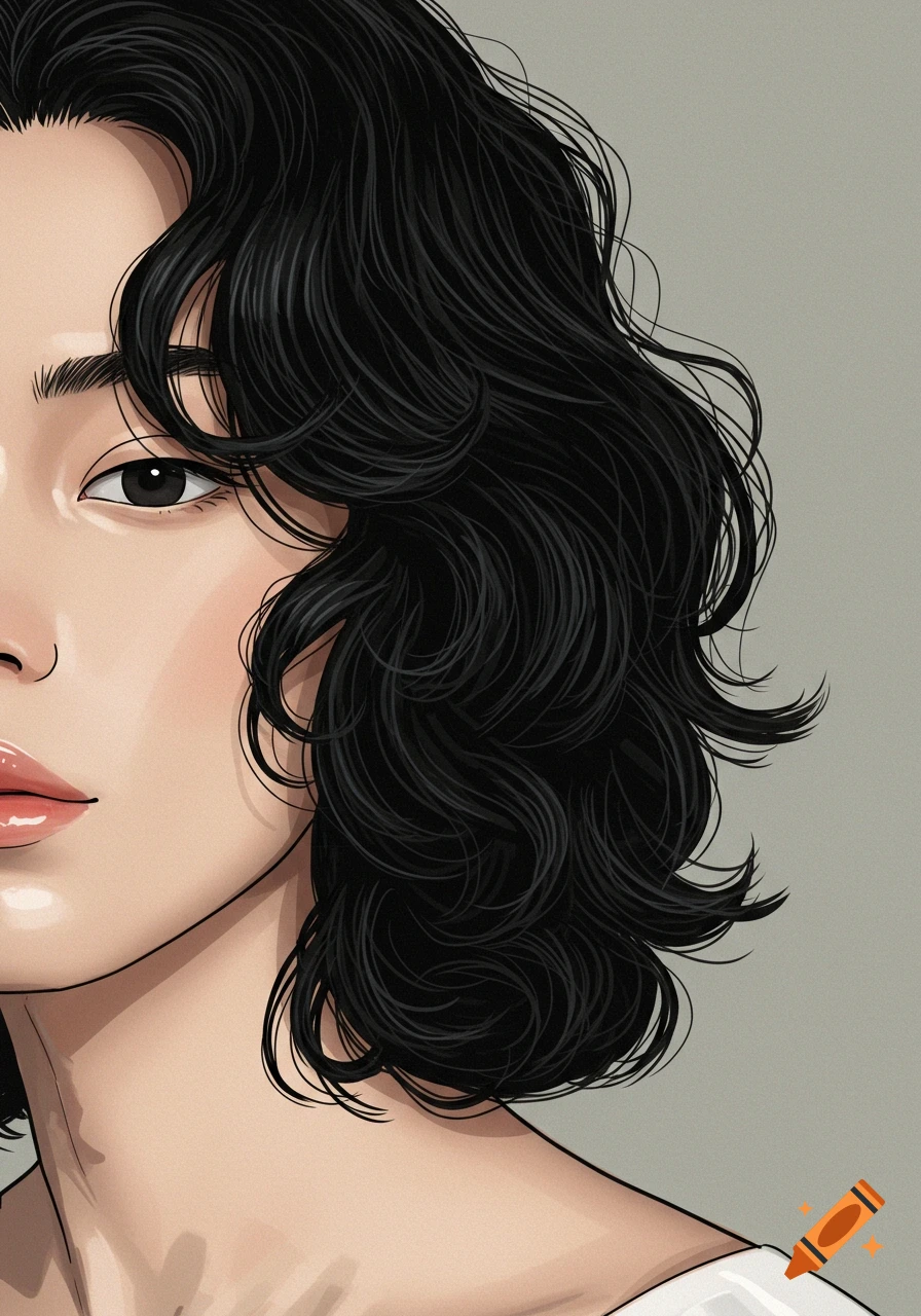 Close-up of a person's face in an illustrative style, featuring one eye and lips, with voluminous curly black hair.