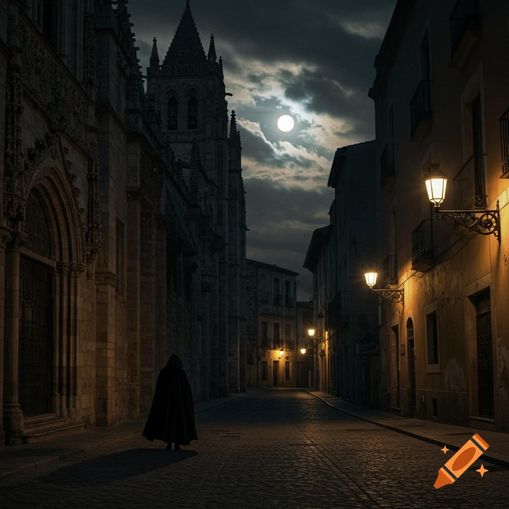 A cloaked figure stands on a cobblestone street at night, with a gothic church and a full moon illuminating the sky.
