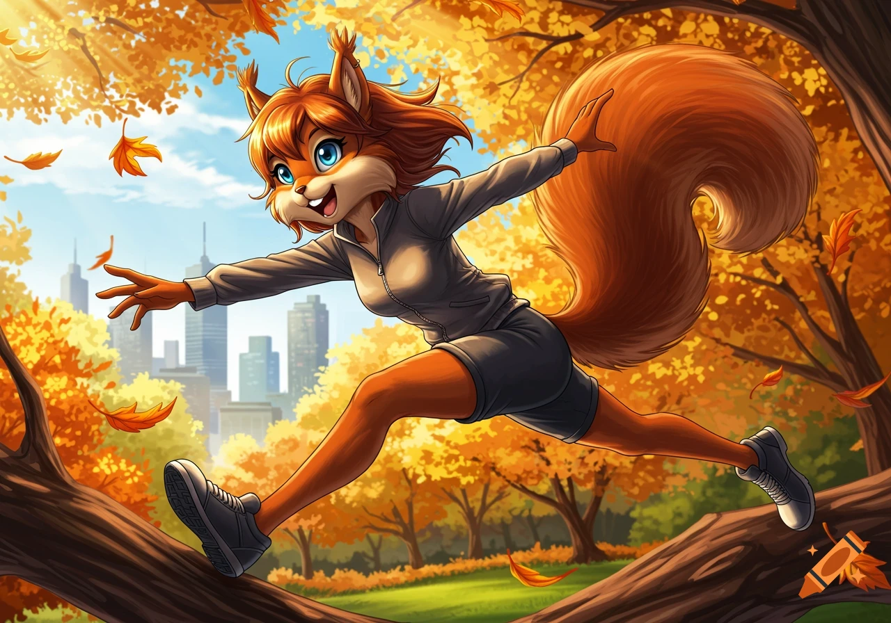 Anime style anthropomorphic female squirrel with reddish-brown fur and blue eyes, wearing athletic clothes, leaping through autumn leaves in a park with city buildings in the background.
