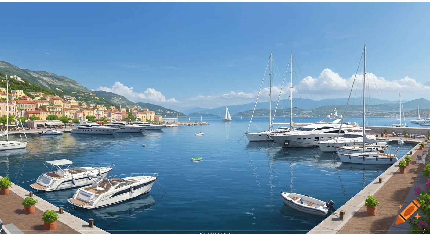 A photorealistic European harbor scene with large yachts and sailboats on blue water, a colorful town, and green mountains under a clear sky.