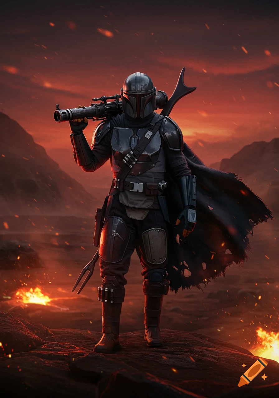The Mandalorian in dark armor and a cape, holding a rocket launcher, stands on a rocky, fiery landscape under an orange sky.